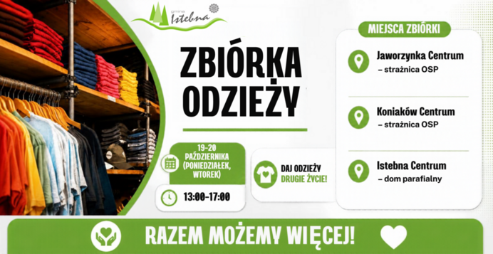 Grafika informacyjna dotycząca zbiórki odzieży używanej.