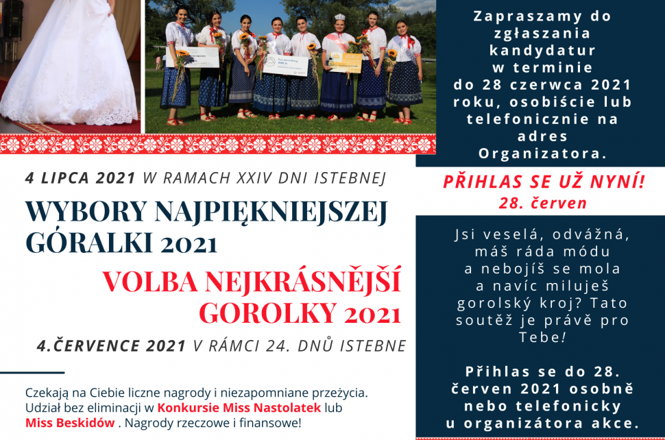 Plakat informujący o naborze kandydatek do konkursu na Najpiękniejszą Góralkę 2021; zdjęcia z poprzednich edycji konkursu