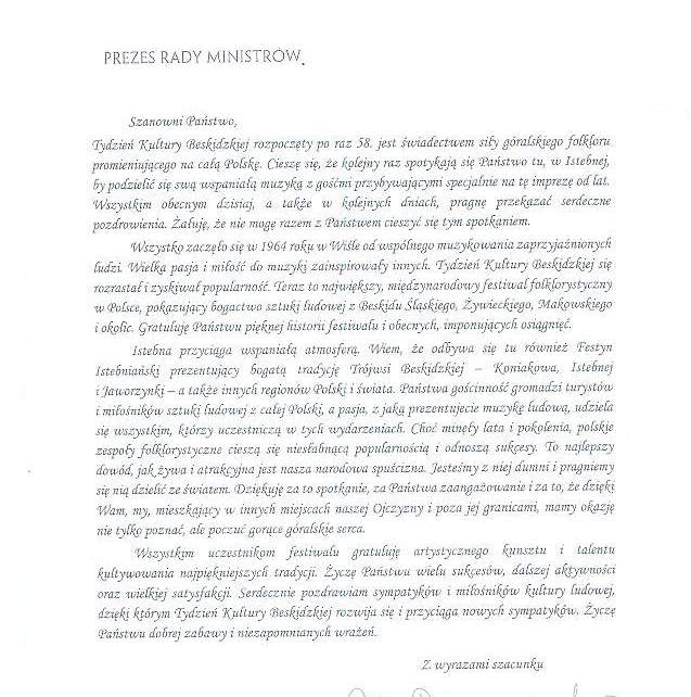 List Prezesa Rady Ministrów z okazji TKB