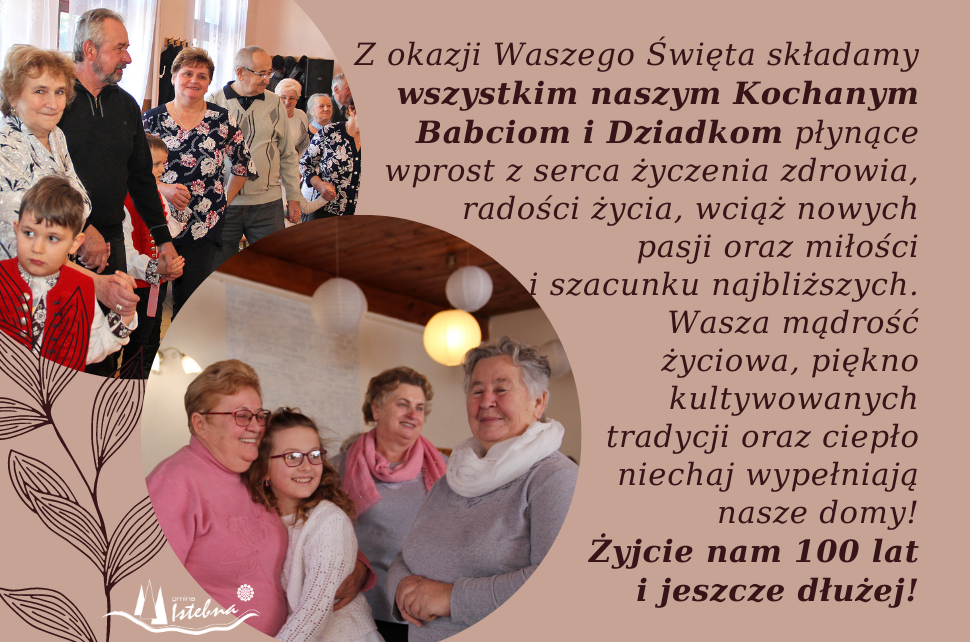 Grafika z życzeniami oraz zdjęciami babci, dziadka i wnuków