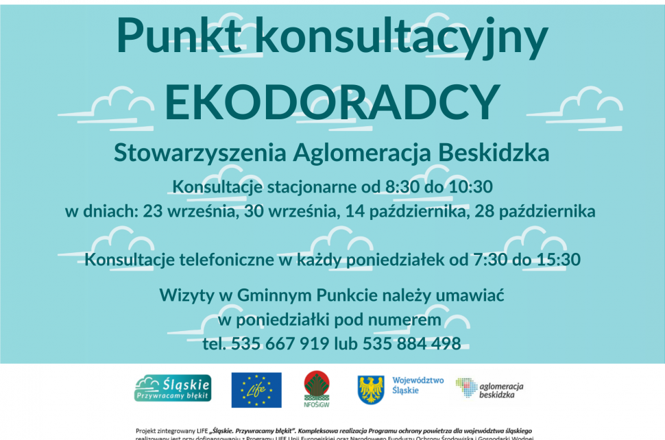 Punkt konsultacyjny plakat informujący o godzinach otwarcia.