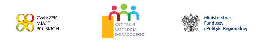Logo Związek Miast Polskich, logo Centrum Wsparcia Doradczego, logo Ministerstwa Funduszy i Polityki Regionalnej.