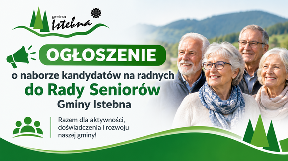Grafika informacyjna dot. naboru na radnych do Rady Seniorów Gminy Istebna;  grafika wygenerowana przy użyciu AI.