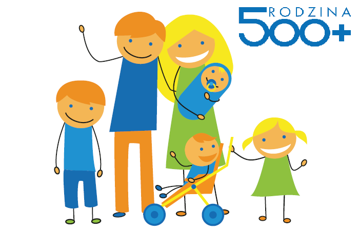 Grafika przedstawiająca sześcioosobową rodzinę i napis Rodzina 500+